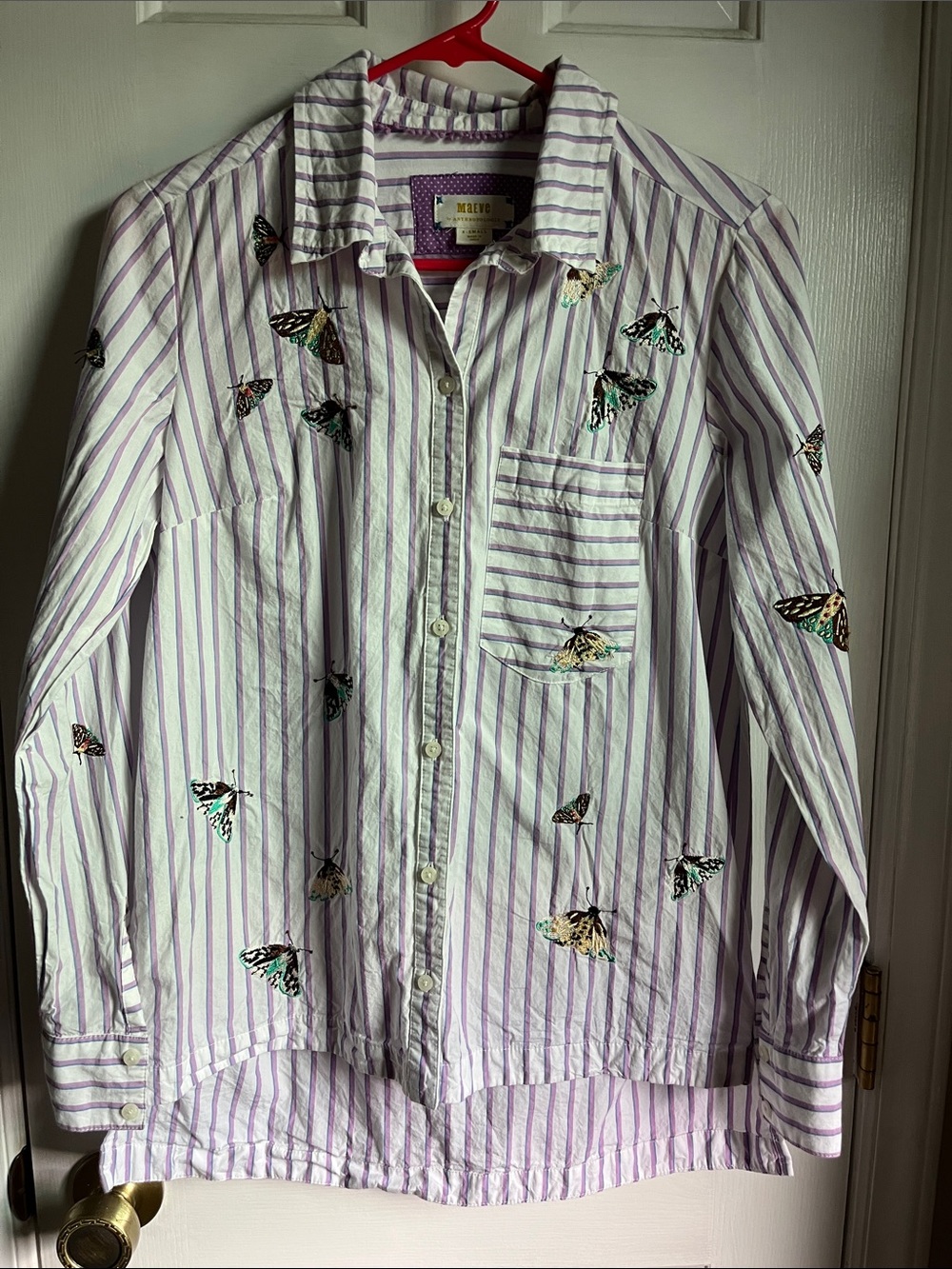 Maeve Lavender and White Striped Button-Down with Butterfly Embroidery